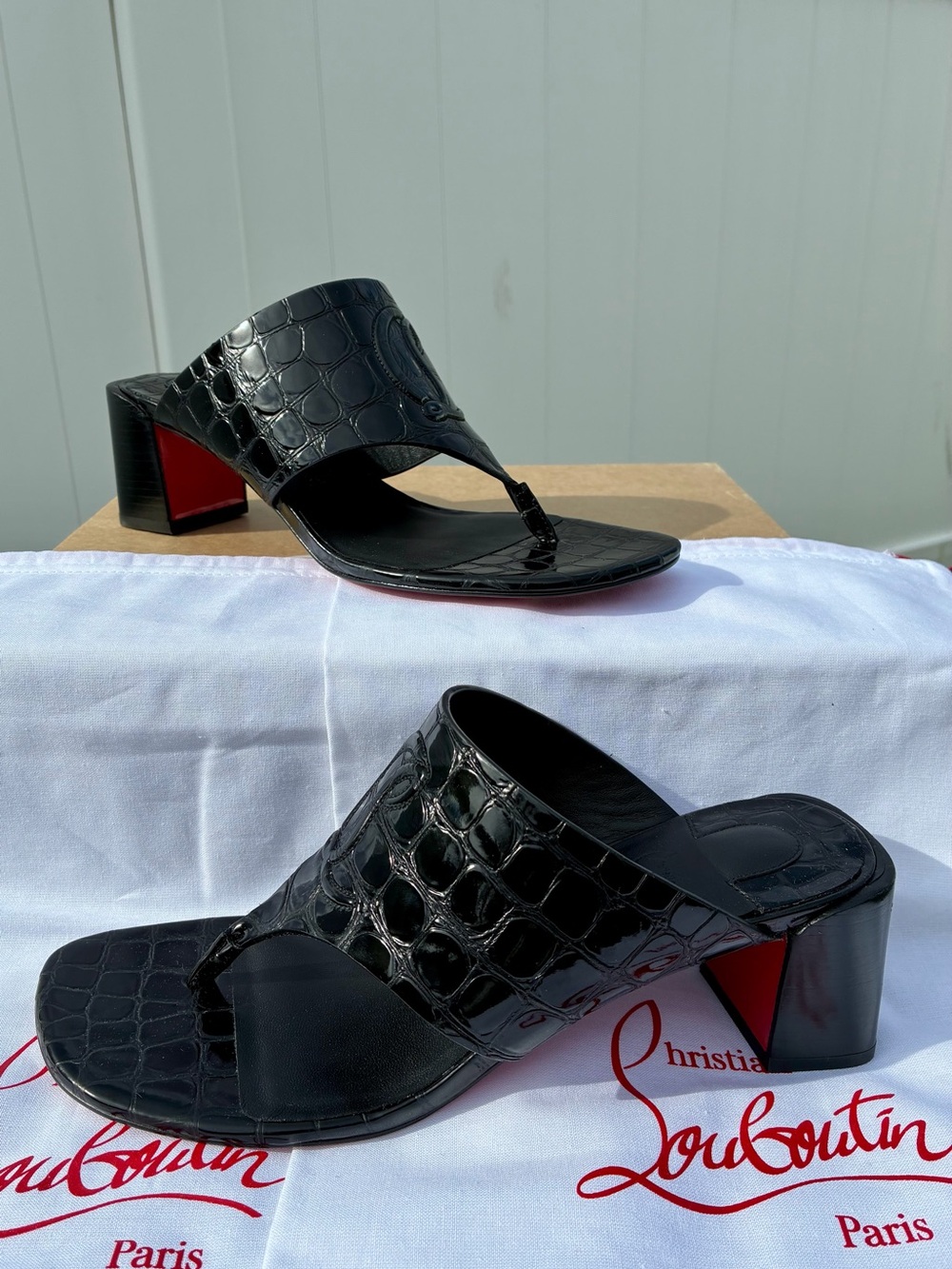 CHRISTIAN LOUBOUTIN CL TONGAMULE SANDALS LOGO BLACK CROC LEATHER SZ 38.5 NEW - Picture 6 of 16